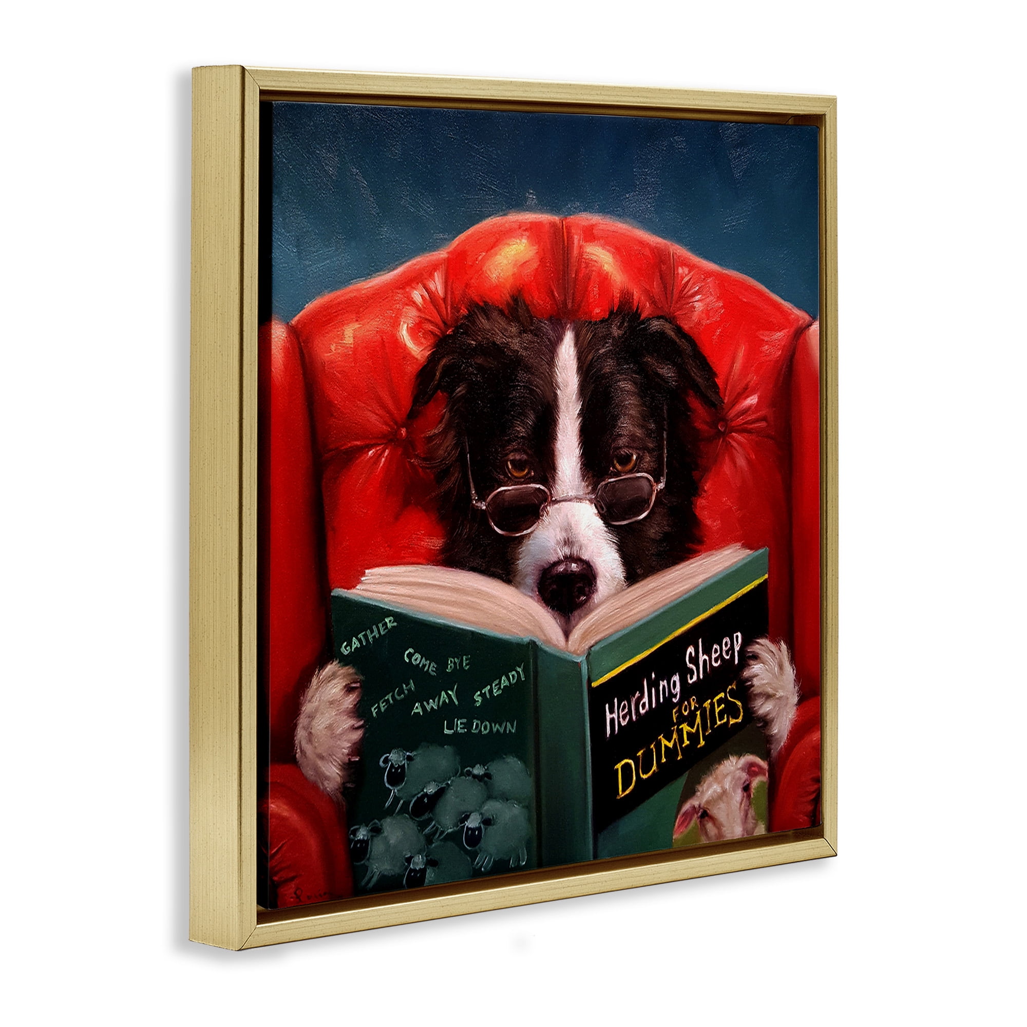 Stupell Industries Sheep Dog Reading for Dummies Animals & Insects Gold Floater Wall Art Design By Lucia Heffernan