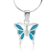 925 Sterling Silver Butterfly Blue Turquoise Inlay Pendant Necklace, 18 inches