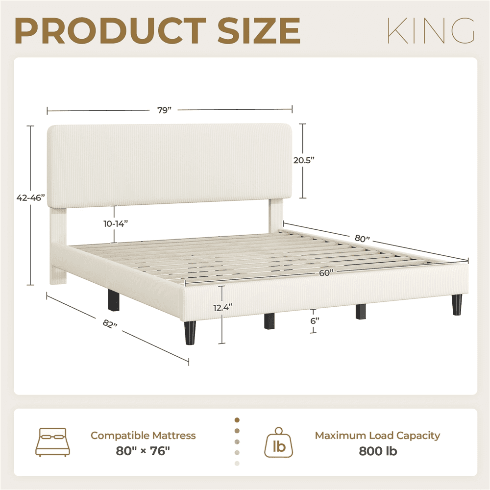 Renwick Upholstered Bed Frame with Wooden Slat Support, King, Beige
