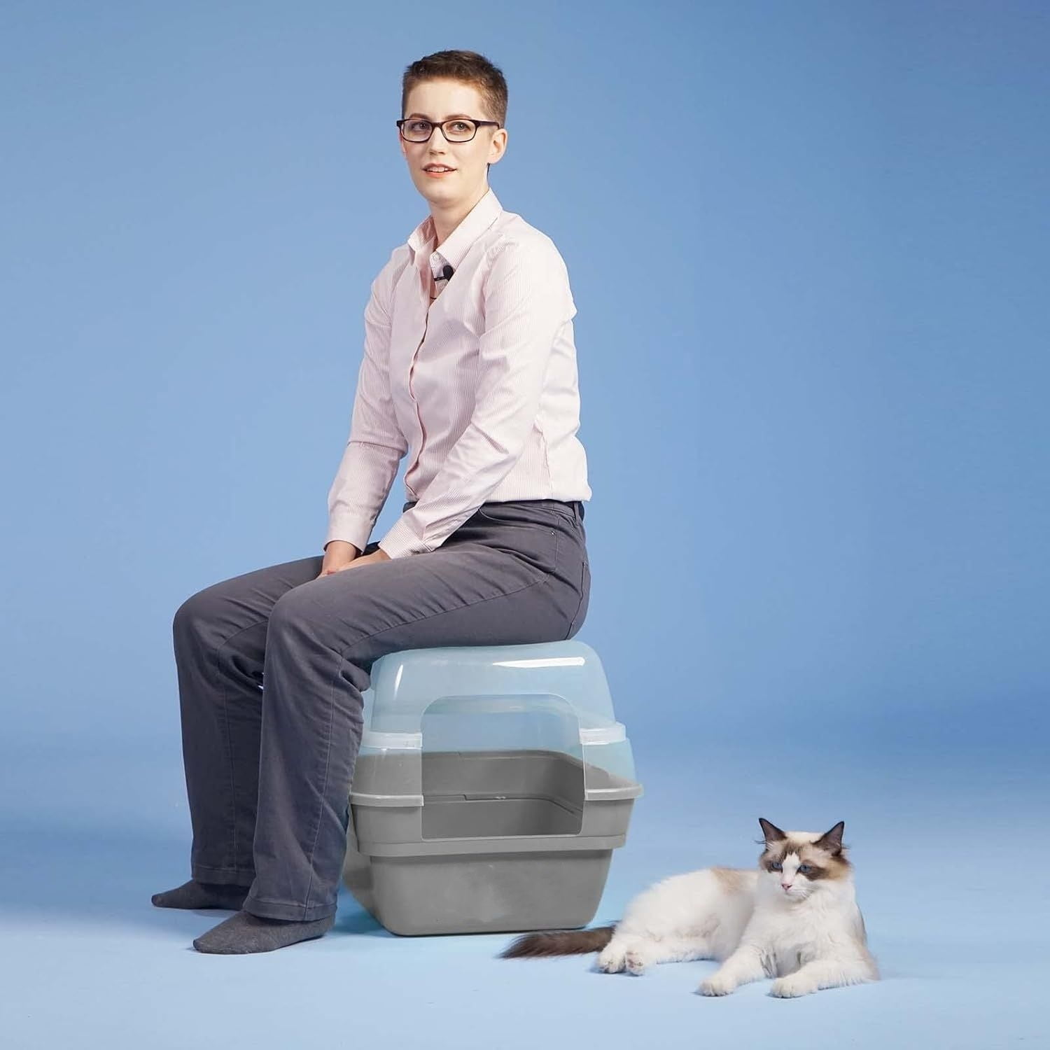 Cat Litter Box, Large Foldable Jumbo Hooded with Transparent Lid,Grey