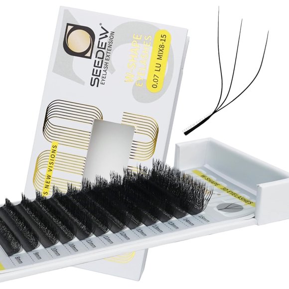 shiyou-SEEDEW 3D Lash Extensions, 0.07mm LU/M Curl MIX8-15mm 12 Rows/Tray, W Shape Flat Stem, PBT Natural Eyelash Grafting for Beginner Artist, Lash Tech, Beauty Salon(3D-Matte Black-0.07-LU-MIX8-15m