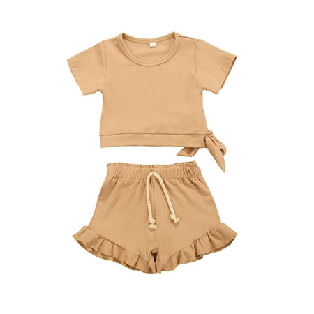 

Baby Girls Solid Ribbed T shirt Ruffle Shorts Outfit Set