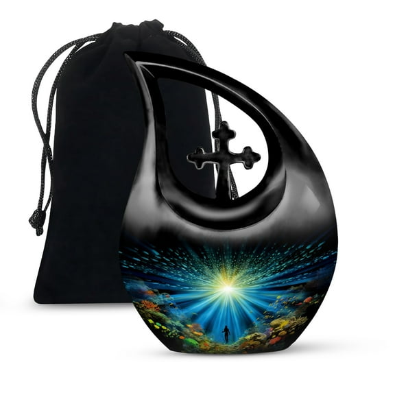 MUKTIVE Swimming Memorial Urns for Adult Male - Blue Funeral Urn for Ashes for Women - Decorative Colourful Sunrays Burial Urn - Cross Drop Cremation Urns for Human Ashes - 10 Inch