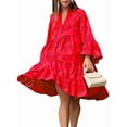 thumbnail image 3 of Women'S 2025 Lace Eyelet Embroidery Dress V-Neck Trumpet Sleeve Boho Flowy Swing Dress Big Red L, 3 of 8