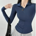 thumbnail image 3 of Tiqkatyck Womens Long Sleeve Shirts, Women's Casual Elastic Long Sleeve Slim Fitting Half Zippered Lapel Solid Color T Shirt Crewneck Sweat Shirts, Women Summer Tops Dark Blue L, 3 of 7