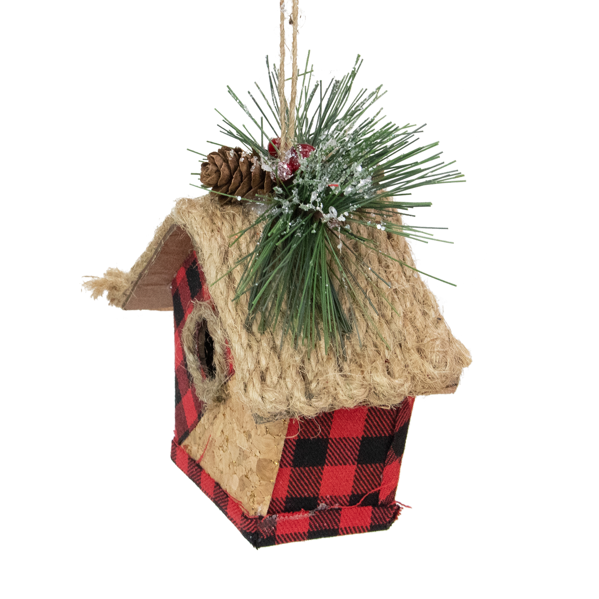 5.75" Red and Black Buffalo Plaid Hanging Bird Tree Christmas Ornament