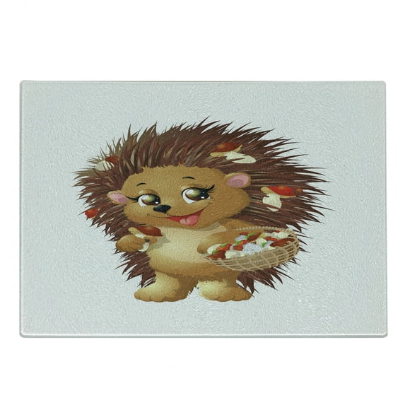 Hedgehog Cutting Board, Hedgehog Holding Mushroom with a Basket of Autumn Foods Animal Fun Cartoon, Decorative Tempered Glass Cutting and Serving Board, Small Size, Pale Caramel Brown, by Ambesonne