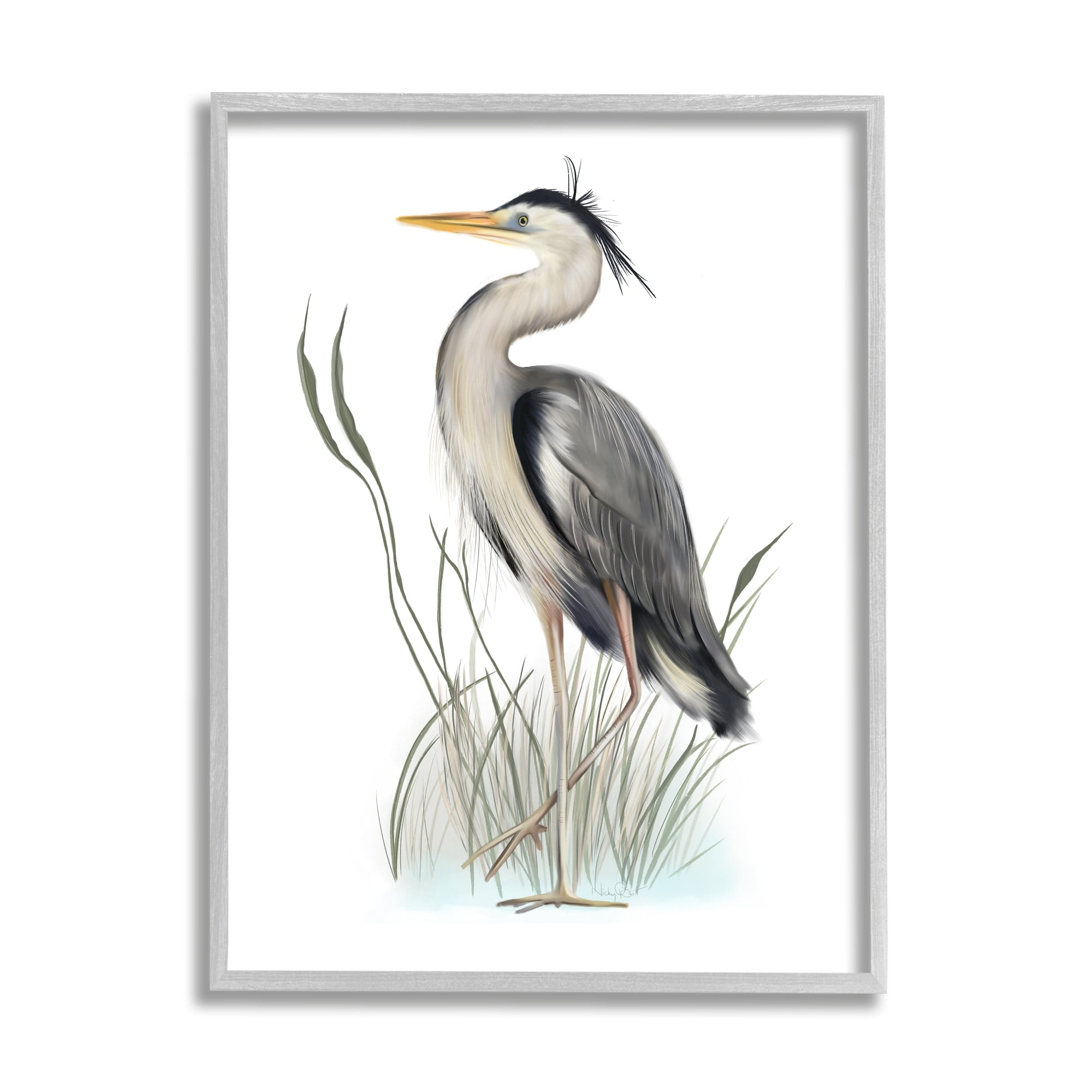 Stupell Industries Peaceful Heron Bird Standing Amidst Wild Grass Graphic Art Gray Framed Art Print Wall Art, Design by Studio Q