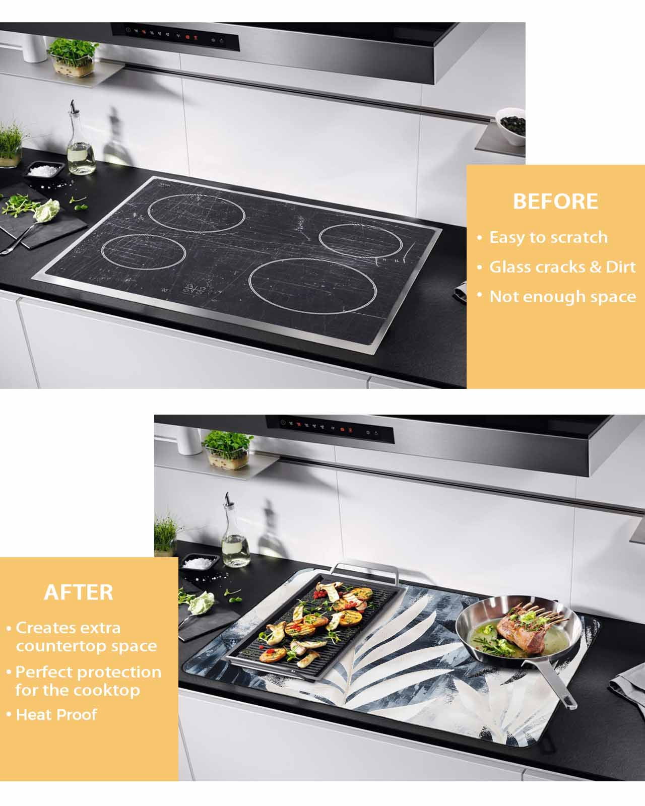 nqOlkjepod Large Induction Cooktop Protector Mat 24"x21", Vintage Navy Blue Botanical Stove Top Covers for Electric Stove, Modernism Tropical Leaves Stove Burner Cover Mats, Glass Top Stove Cover