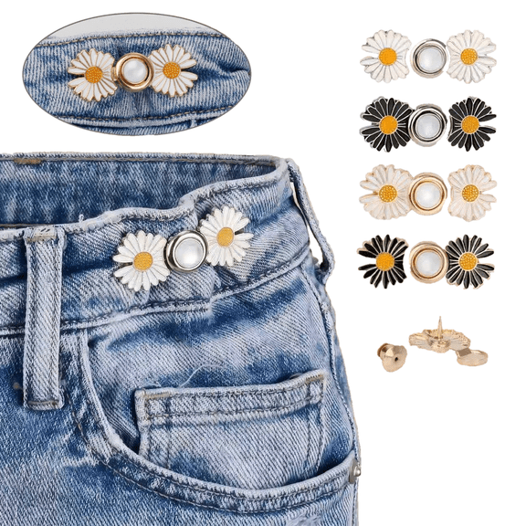 Pant Waist Tightener, Detachable Jean Buttons for Loose Jeans, No Sew and No Tools Button Pins for Jeans, Adjustable Jean Buttons Pins, Daisy Little bear Flower Instant Pants Button Tightener 4 Sets