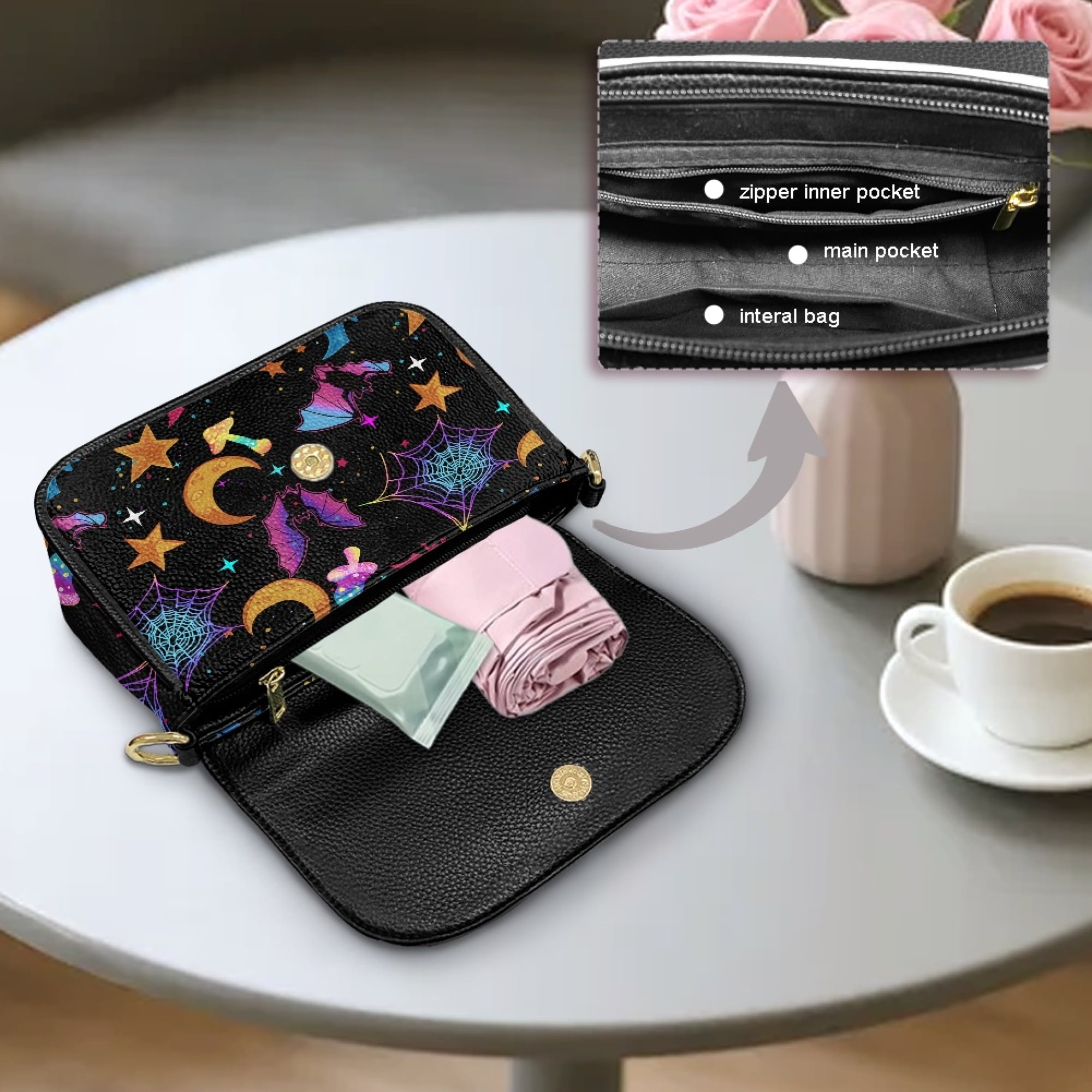 TSOVTHRID Crossbody Bags for Women Trendy, Small Shoulder Handbags, PU Leather Cross Body Purses with Zipper Inner Pocket, Bat Cobweb Moon Star Mushroom Print