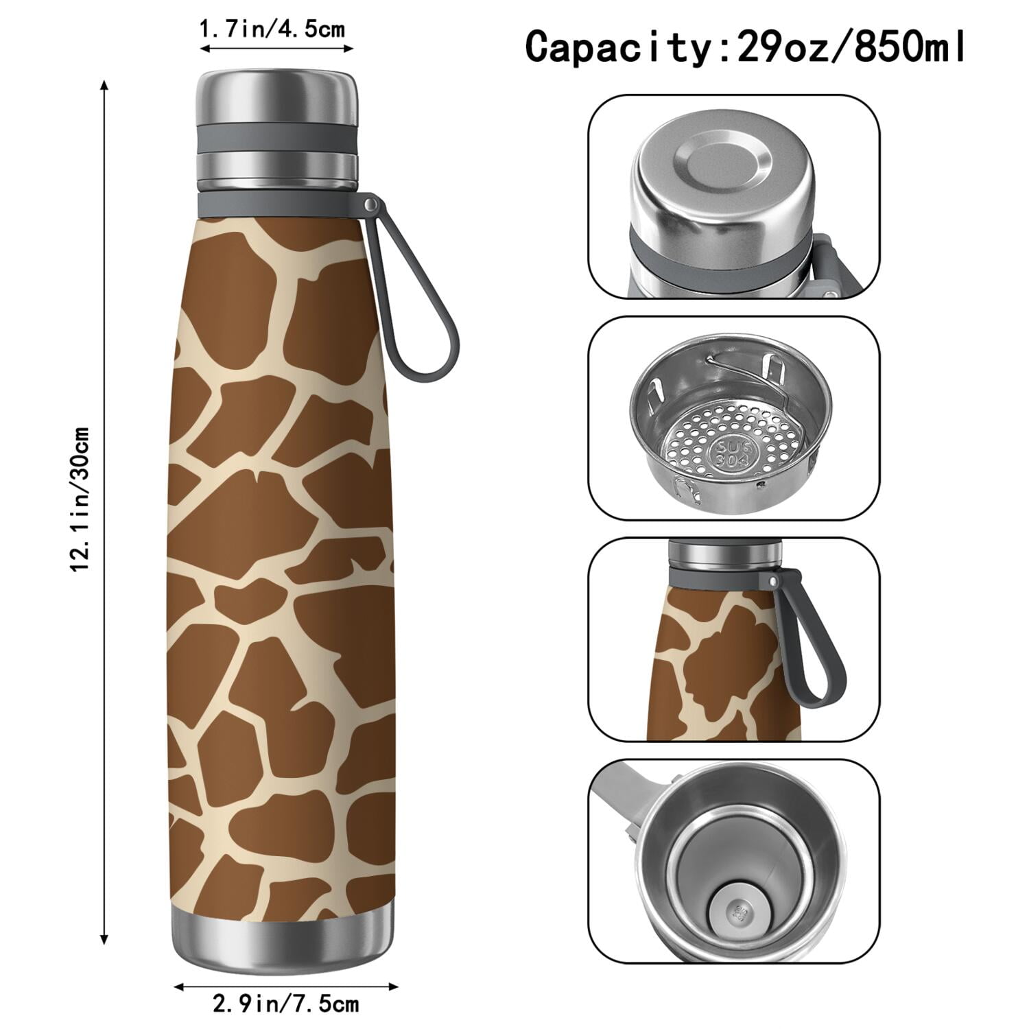 29oz Insulated Water Bottle with Tea Infuser, Stainless Steel Travel Mug, Animal Leopard Print