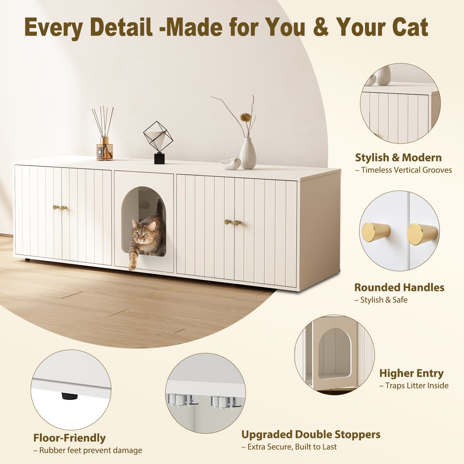 Cat Litter Box Enclosure for 2 Cats, Litter Box Furniture with Double Room, Central Entry, and Dual Use as TV Stand for Living Room, White (Grounded Version)