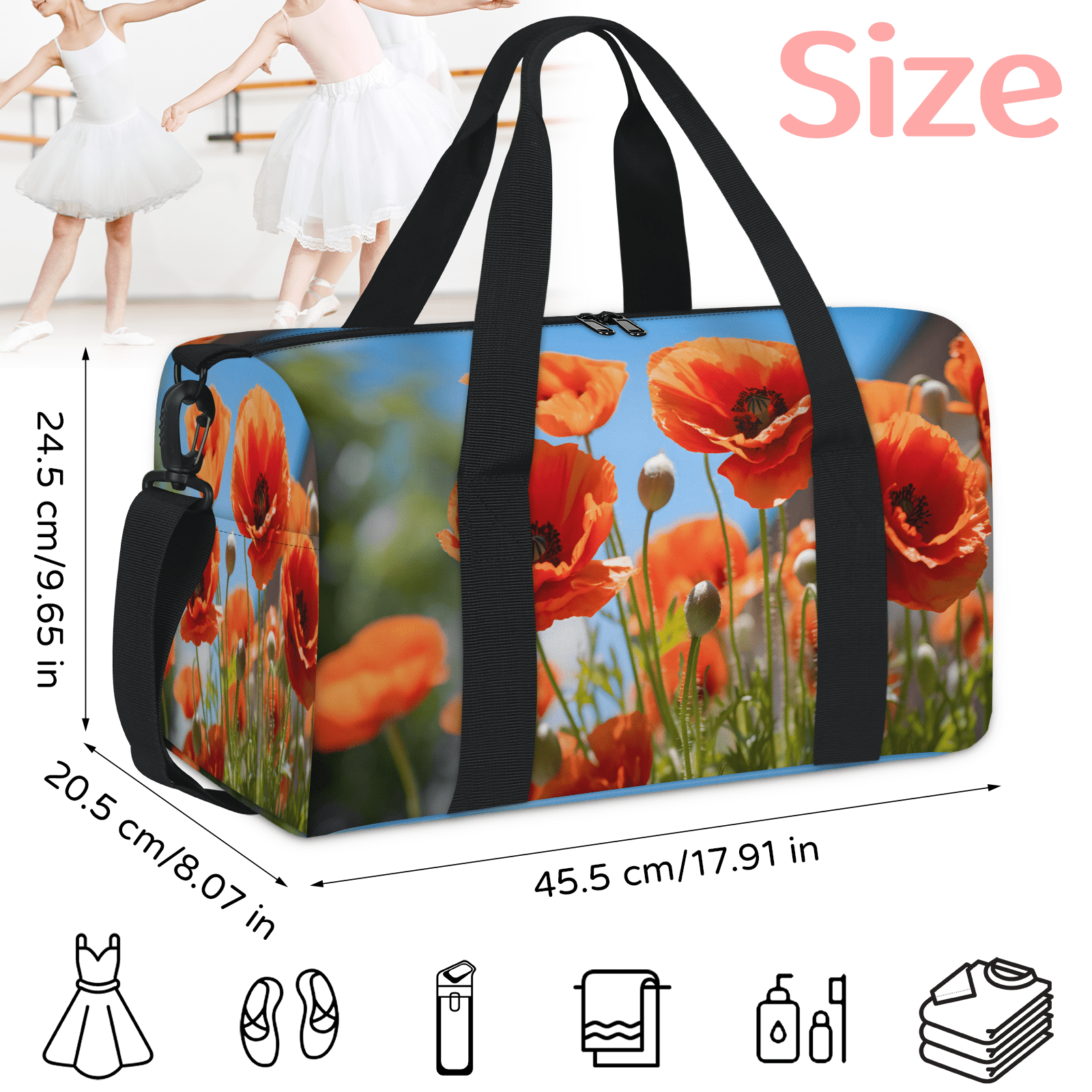 Herdesigns Poppy Flowers Gym Bag for Women, Duffle Bag for Travel Sport, Lightweight Waterproof Carry on Weekender Overnight Dance Yoga Workout Bags