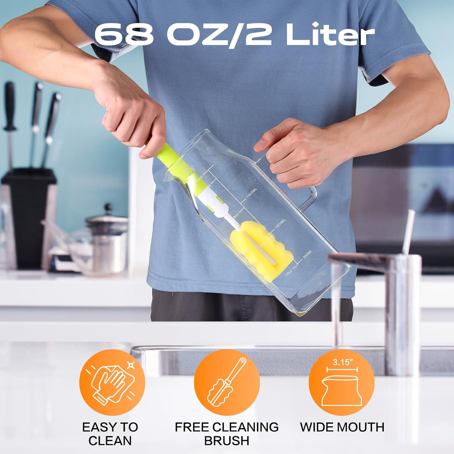 Aofmee 68oz Glass Pitcher with Lid, 2L Square Water Carafe for Refrigerator side door, Borosilicate Carafe for Water, Juice, Iced Tea