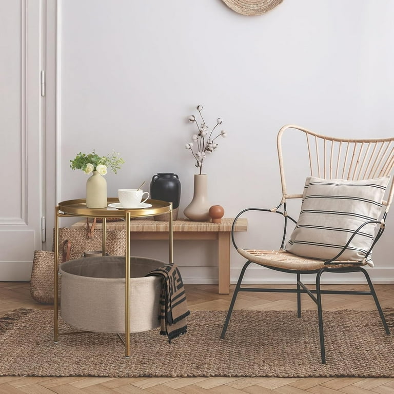Round Side Table with Fabric Storage Basket, Metal Side Small