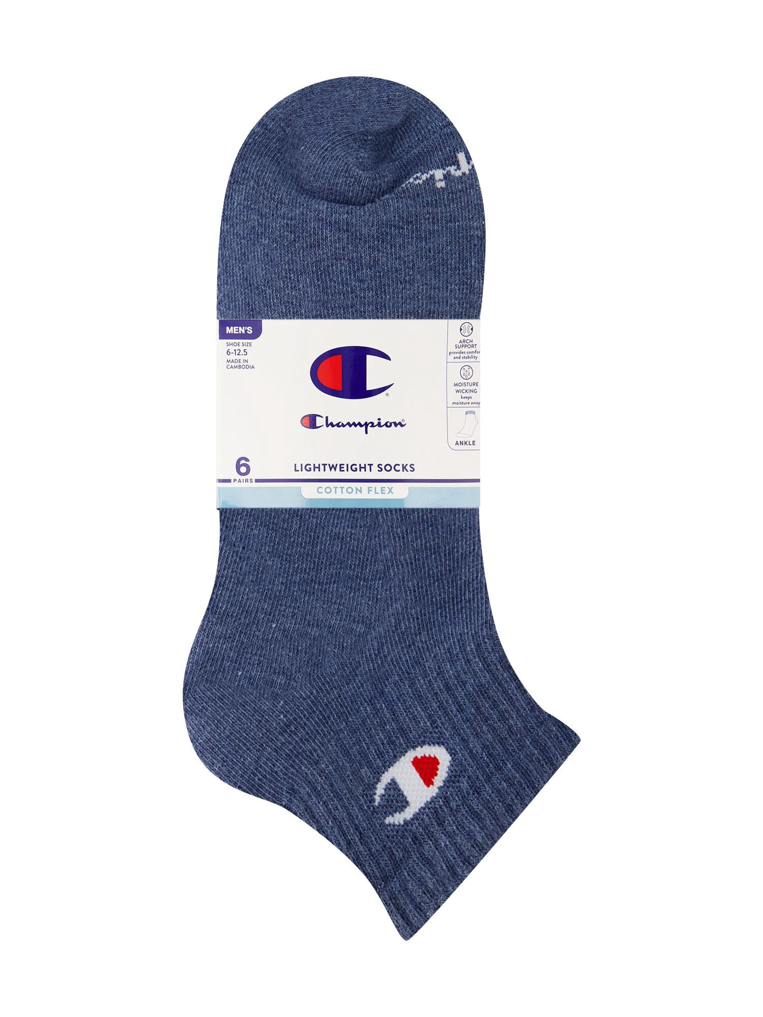 Champion Men’s Lightweight Ankle Socks 6 Pack, Moisture-Wicking, Arch Support, Stretch Comfort, Sizes 6–12.5