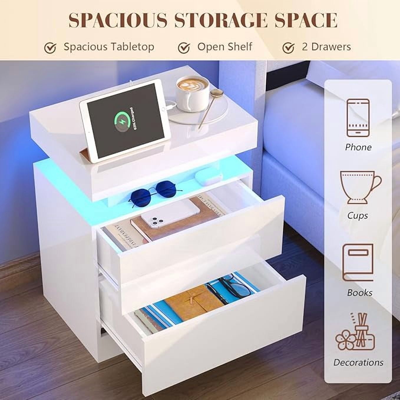LUXOAK Nightstand Set of 2 with Charging Station & LED Light, Modern Side Table, White