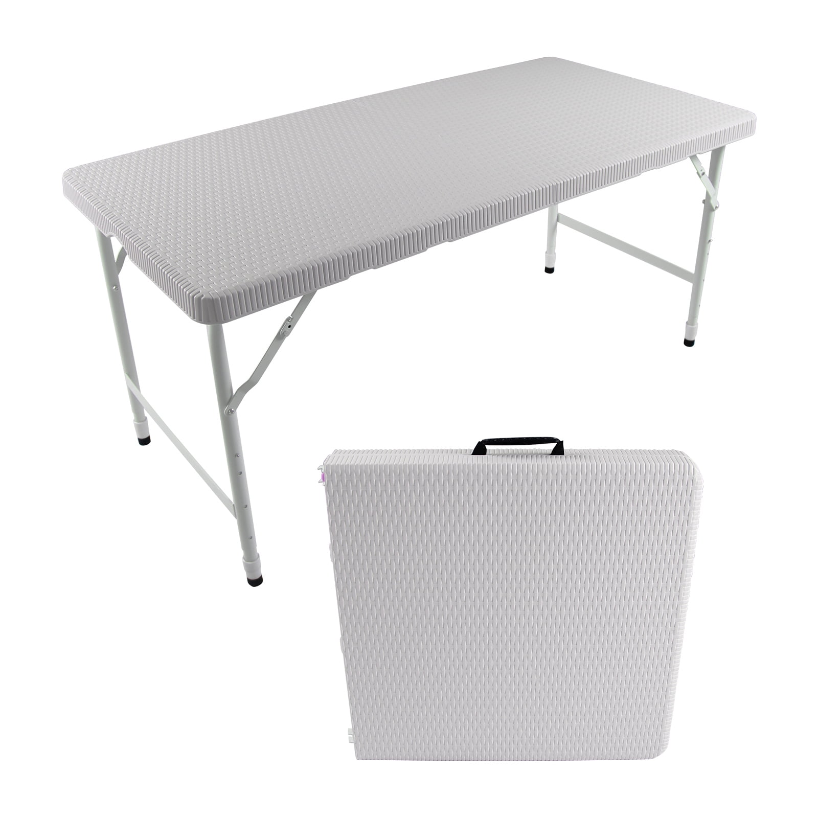 Hommoo 4FT Rattan Folding Table, Plastic Adjustable Portable Foldable Table, Camping Table for Indoor& Outdoor, White