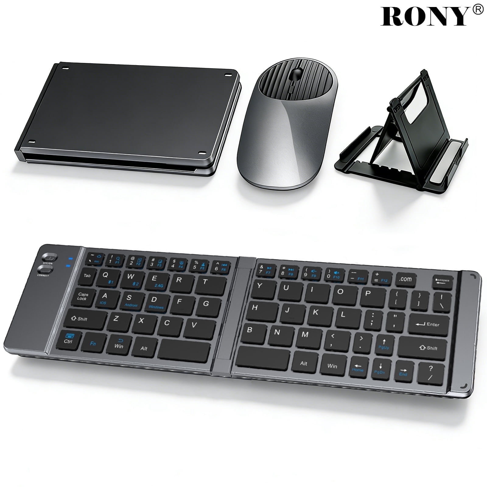 RONY Foldable Wireless Bluetooth Keyboard & Mouse Combo: Ultra-Slim Rechargeable Portable Travel Keyboard Set for iPad iPhone Laptop Tablet Windows Android Mac (Grey)