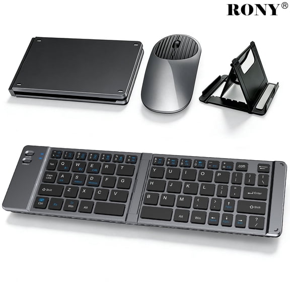 RONY Foldable Wireless Bluetooth Keyboard & Mouse Combo: Ultra-Slim Rechargeable Portable Travel Keyboard Set for iPad iPhone Laptop Tablet Windows Android Mac (Grey)
