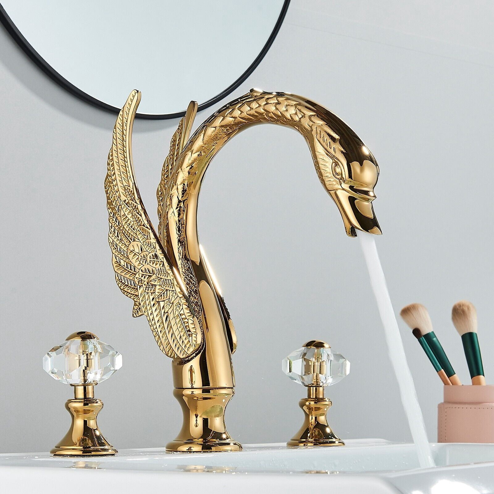 Widespread Golden Swan Style Bathroom Sink Faucet Deck Mount Sink Mixer Tap