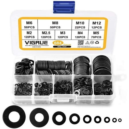 

684 PCS Flat Washers in 304 Stainless Steel Assortment M2 M2.5 M3 M4 M5 M6 M8 M10 M12 Flat Washer for Sealing Screw Sealing Rings - Comes with box