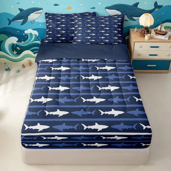 Manfei Coastal Shark Zipper Twin Comforter Sets with Fitted Sheet and 2 Pillowcases, Simple Horizontal Stripe Zipper Bedding Set, Navy White, Blue Reversible, 4pcs