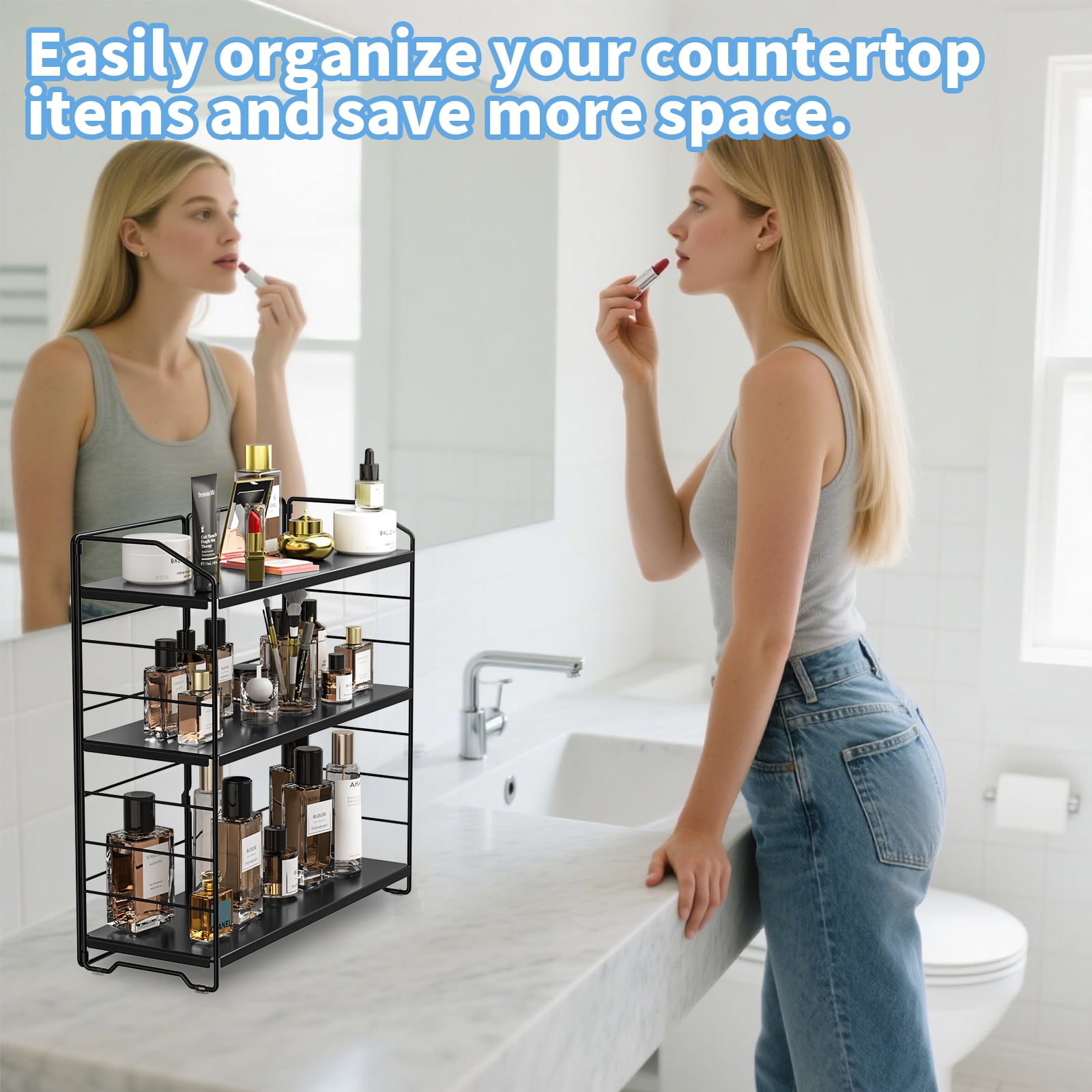 BOIVSHI Bathroom Countertop Organizer 3 Tier Adjustable Spice Rack Counter Organization and Storage for Kitchen Bedroom Offices,Black