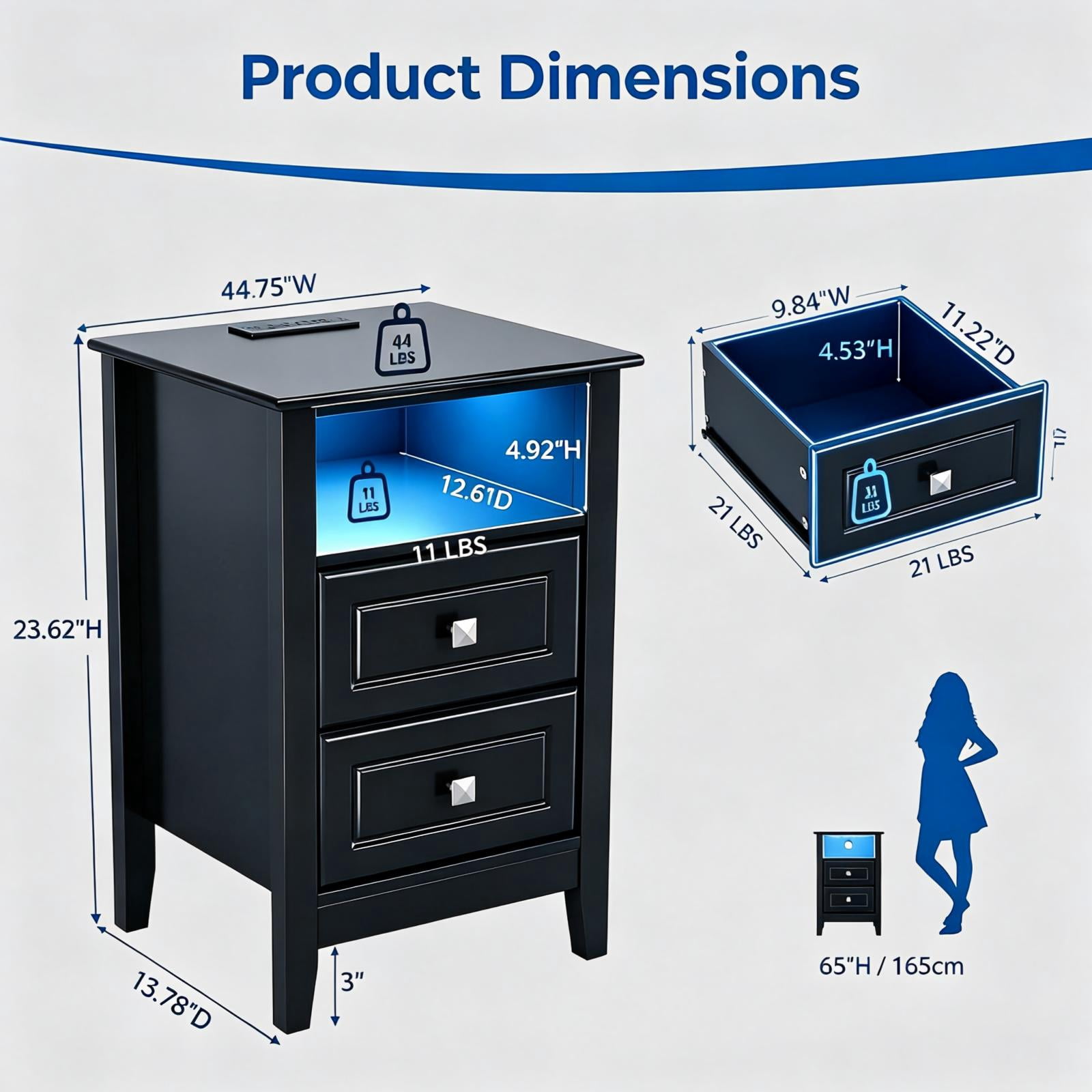 Astoutdoor 2-Drawer Bedside Table with Shelves, Socket, and 16-Color Light, Black, 15.75 x 13.78 x 23.62 in
