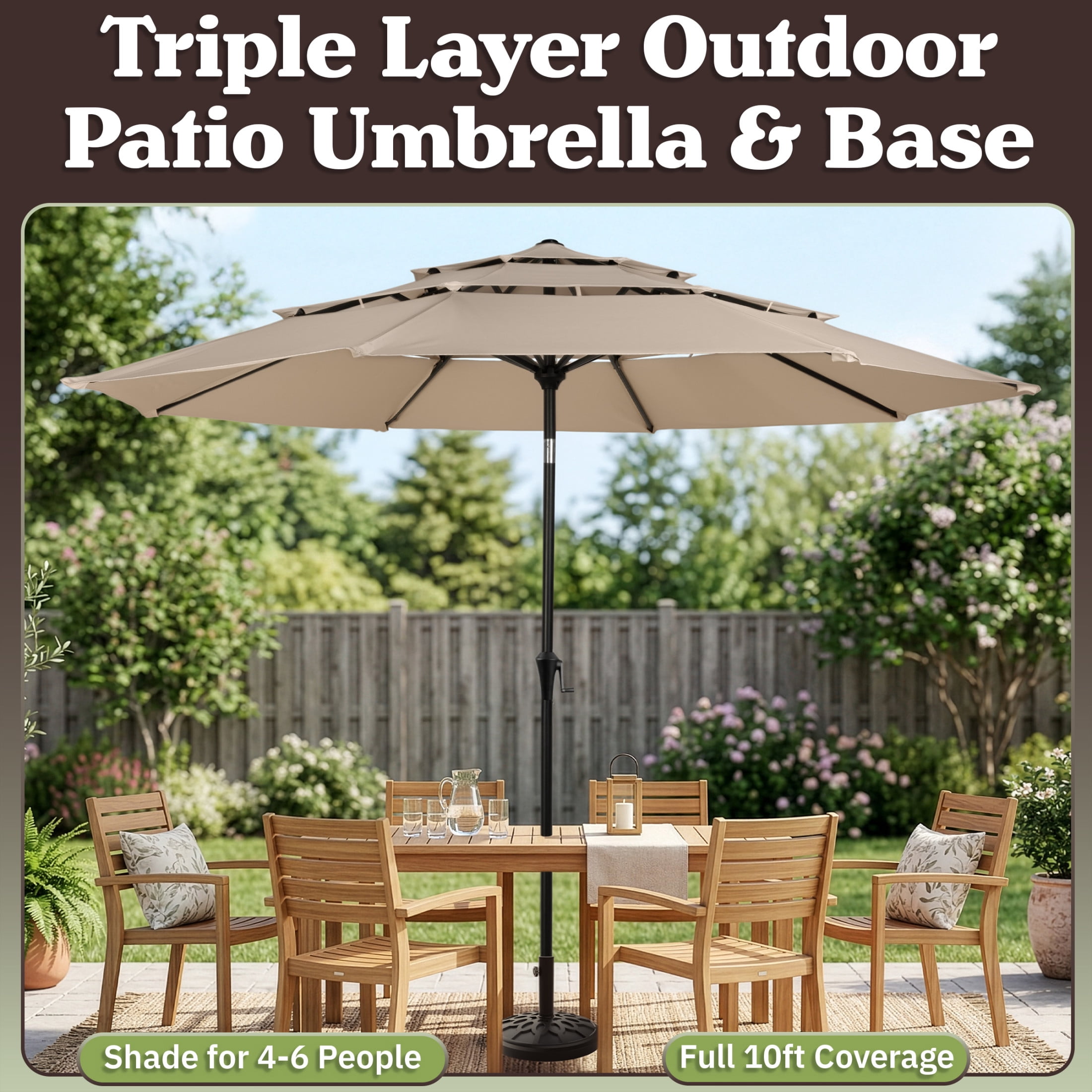 Pure Garden 10ft 3-Tier Umbrella for Patio Shade Canopy with 19lb Base, Khaki
