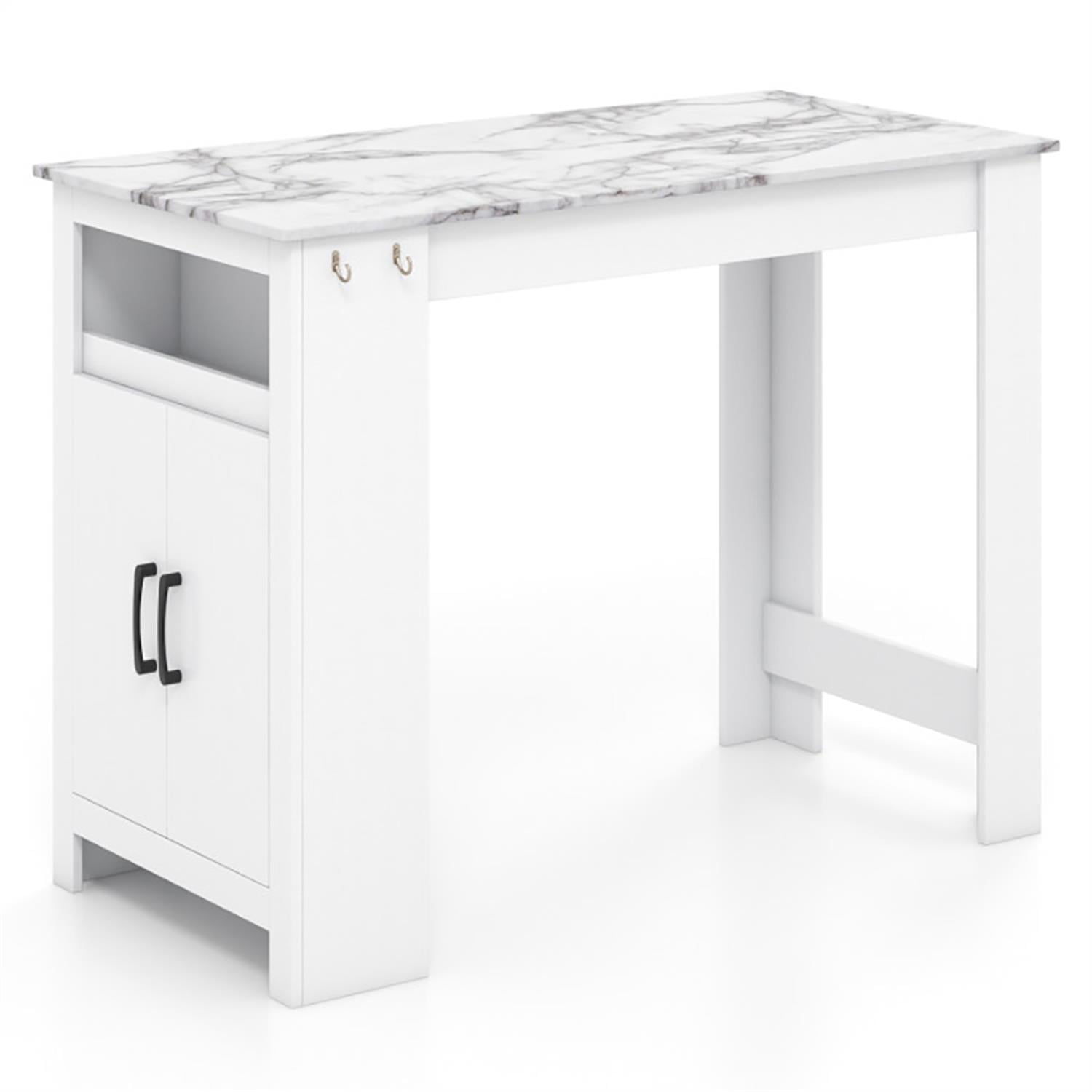Demi Bonn 47" Faux Marble Pub Table, Modern High Top Bar Table with 7 Hanging Hooks Compartment, Perfect for Small Space, White
