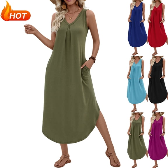 Taqqpue Women Maxi Dress Cotton Sleeveless V Neck Dress Beach Vacation Flowy Swing Plus Size Tank Dress Loose Fit Solid Color Sundress for Women