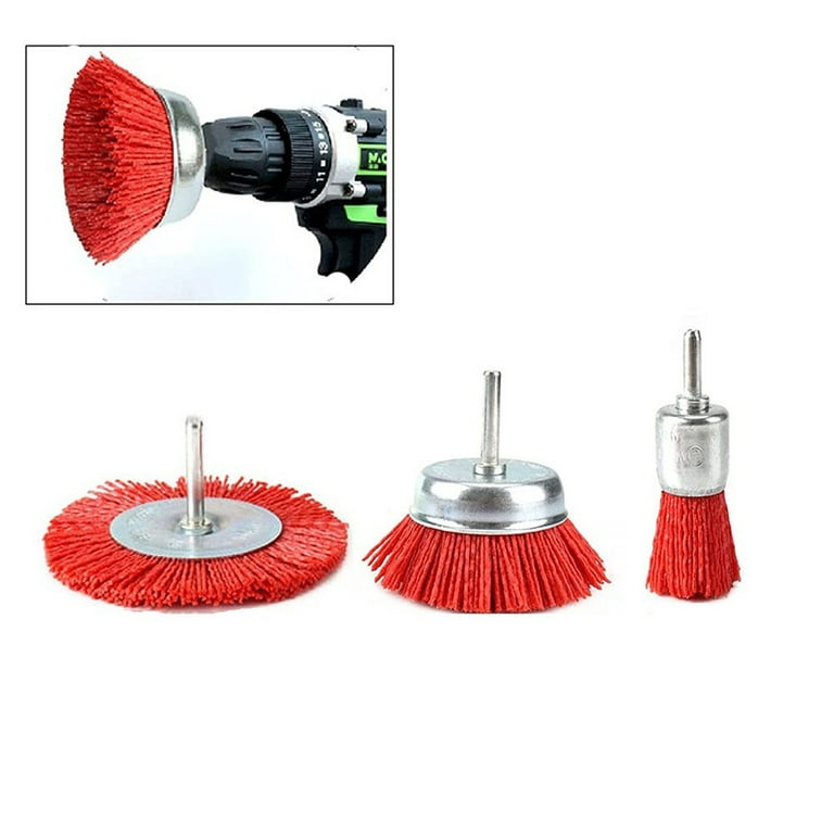 5 Pcs Nylon Filament Abrasive Wire Brush Wheel & Cup Brush Set With 1/4inch  Drill , Nylon Set , Red