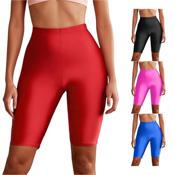Krdevn Women High Waist Biker Shorts, Stretch Knee Length Solid Workout Yoga Shorts for Gym Training,Red