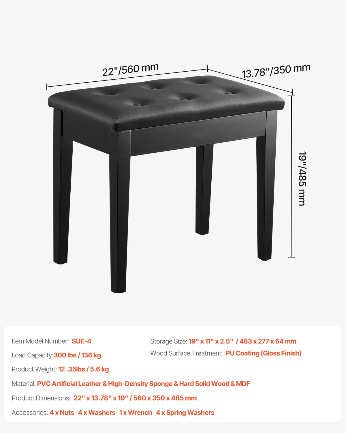 KFFKFF Piano Stool, Dimensions 22" x 13.78" x 19", Piano Seating with Thickly Padded Cushion, Storage Space for Sheet Music, Timber Piano Storage Bench, Suitable for Dressing Area, Lounge, Boudoir