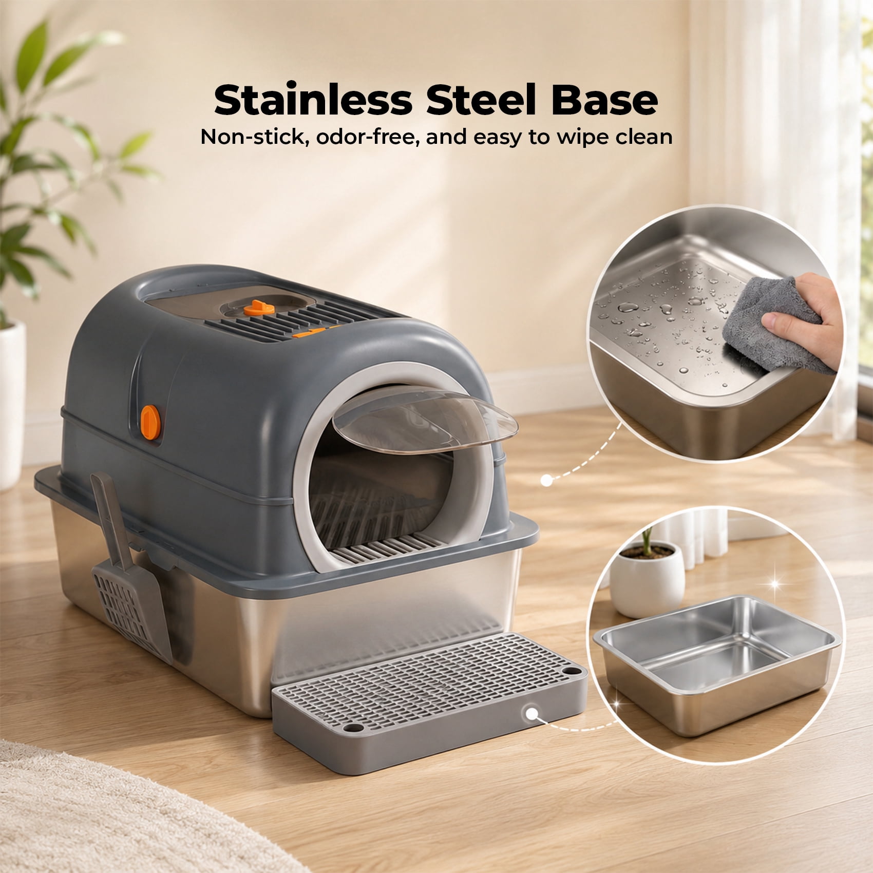 Alvantor Double-Entry Convertible Lid Cat Litter Box, 3-in-1 Stainless Steel Cat Litter Box, 23.62"x15.75"x15.75", Multicolor