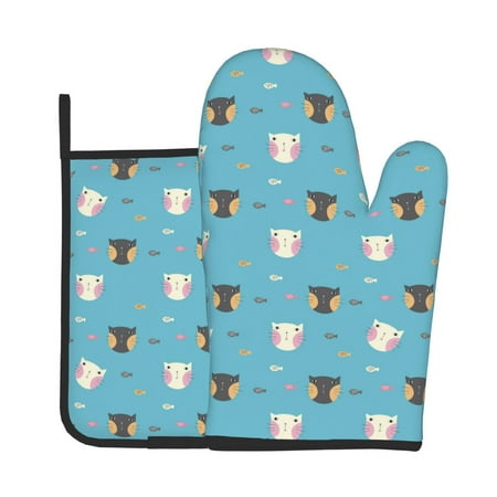 

Jgfou Cat Fish Pattern Oven Mitts and Pot Holders Sets Heat Resistant Oven Mittens Soft Lining Extra Thicken Long Kitchen Cotton Oven Glove for Cooking