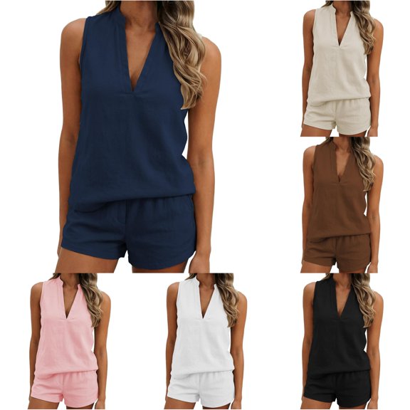 Tanghaowl Short Sets for Women, Women Summer Coastal Casual Sleeveless Vest Top Shorts Beach Outfit Set Navy L