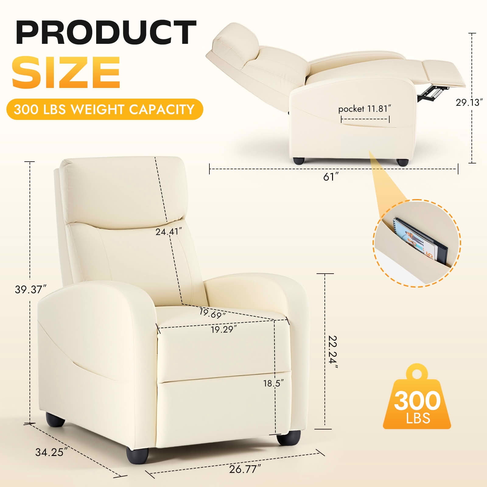 MAYEERTY Multi‑Angle Adjustable Reclining Sofa with Lumbar Support, High‑Density Foam Upholstered Recliner Chair with Adjustable Backrest for Living Room Home Cinema