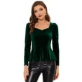 thumbnail image 1 of Blusa de terciopelo para mujer, elegante, con escote corazón, manga larga, top peplum Verde oscuro XS, 1 of 5