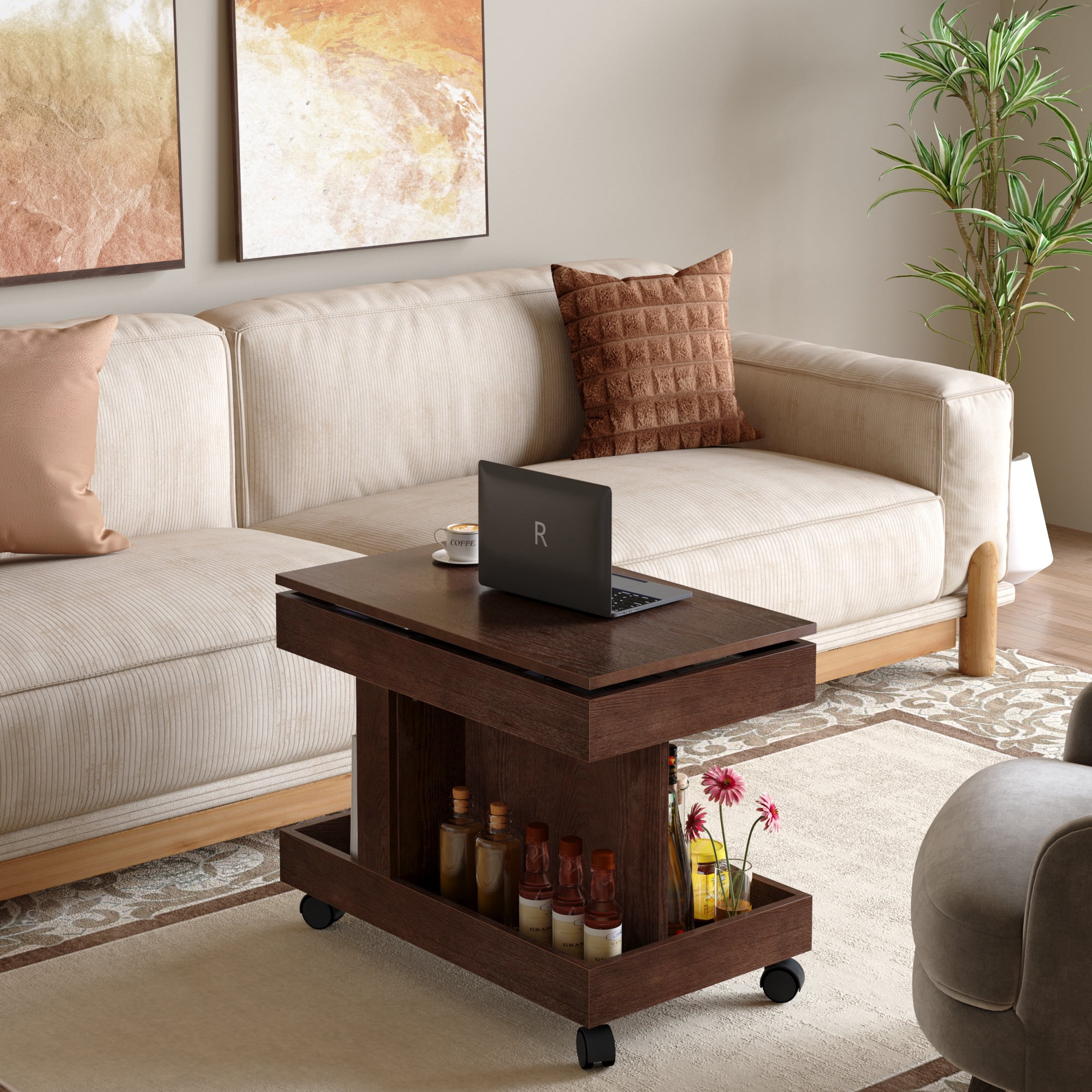 Small Coffee Table with Wheels, 360° Rotating Desktop Multi-Functional Side Table, Rolling End Table with Storage Compartment, Mobile Bedside Table for Living Room Bedroom Home Furniture, Walnut