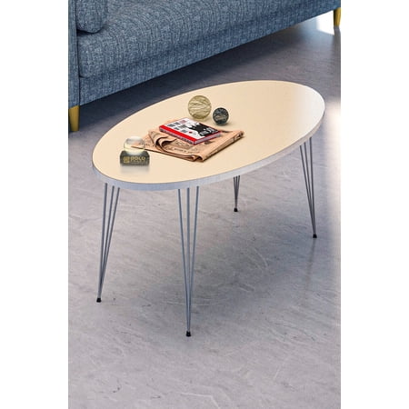 Cream White Oval Coffee Table with 3-Rod Metal Legs,Cream White Coffee Table with Silver Side Details, Modern Round Coffee Table for Living Room,Entryway Table,Center Table for Living Room