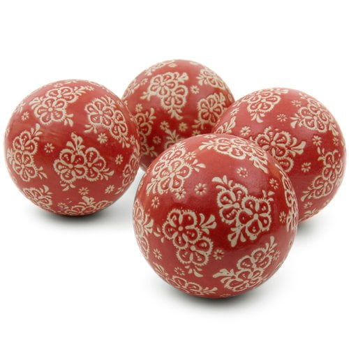 Oriental Furniture 4" Red and Beige Flowers Porcelain Ball Set