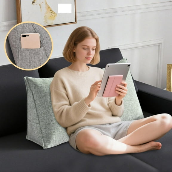 Linen Textured Triangle Wedge Back Support Pillow Large Reading Pillow with Side Phone Pocket Giant Removable Bed Backrest Washable Cover for Sofa Bed Couch Living Room(A,23.62 Inch)