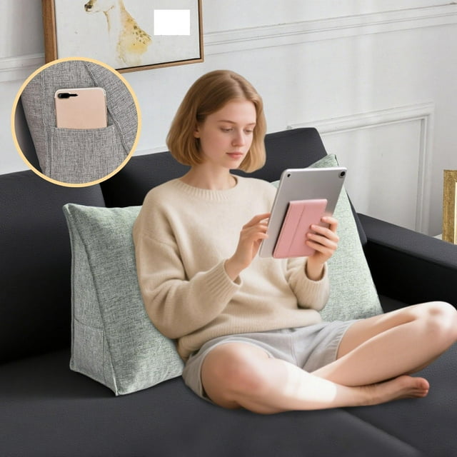 90X35X20cm,Soft Comfortable Triangle Back Cushion For Sofa And Bed Large Support Pillow With Removable Washable Cover And Side Pocket