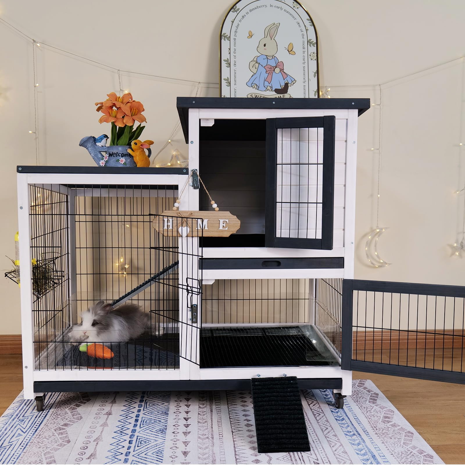 Rabbit Hutch Indoor Bunny Cage Outdoor 2 Storey Mobile Guinea Pig Cage with Urine Guards Wire Bottom 2 Deep Trays for Small Pets, White