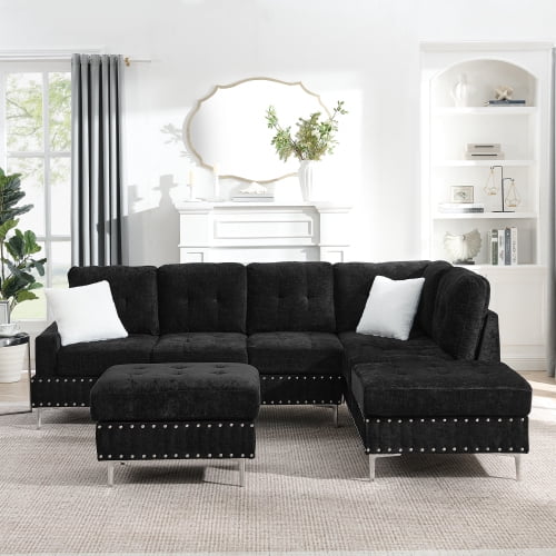 Howcool L Shaped Sectional Sofa, 4 Seater Couch with Chaise Lounge, Storage Ottoman, Cup Holders and Pillows, Modern Linen Fabric Couch for Living Room(Black)
