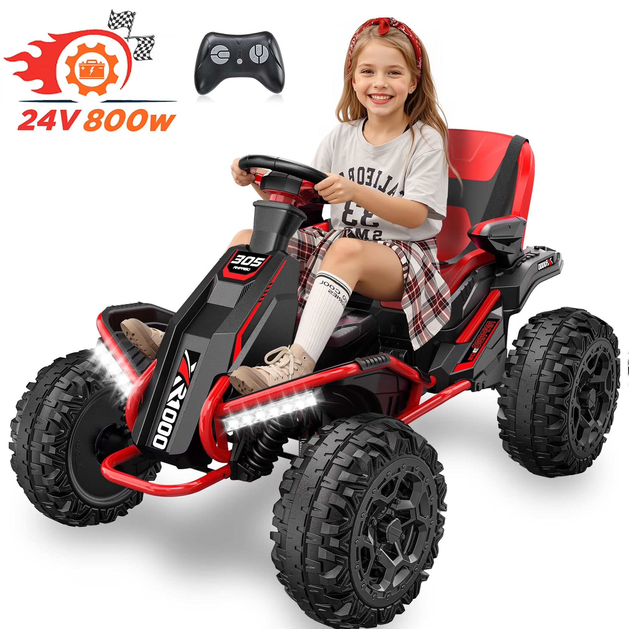 TOKTOO 24V Ride On Toys for Big Kids, 4WD Ride On Car with Parent Remote, 4 Wheeler for Kids Age 5-12, ATV Electric Cars for Kids with Adjustable Seat, LED Lights & Music, Red