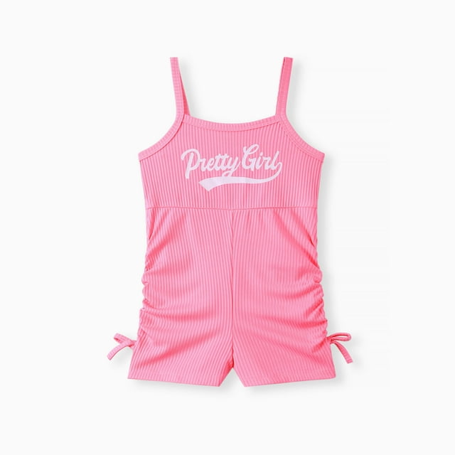 PatPat Summer Girls Clothes Toddler Girl Letter Print Drawstring Ruched Side Ribbed Cami Romper, Rose Pink, 3-4 Years